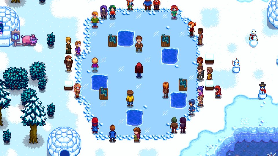 星露谷物语冰雪节游戏截图：冬日冰雕与冰钓比赛